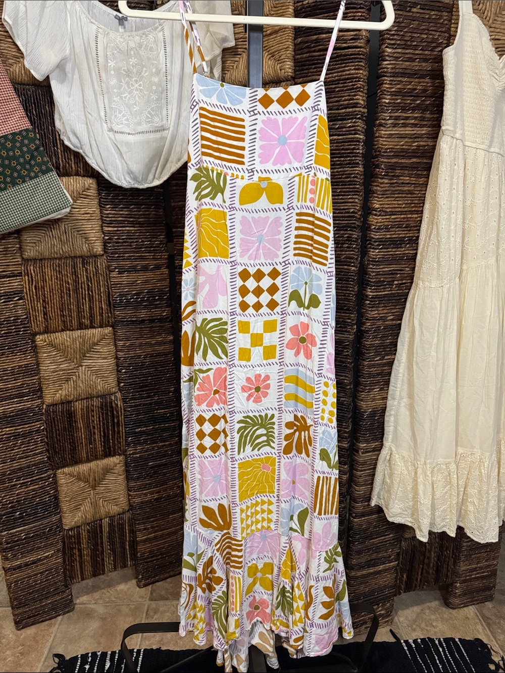 Maxi Slip Skirt in Pink, Mustard & Green Patchwork Print